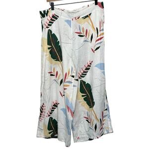 Cynthia Rowley White Linen Cropped Wide Leg Tropical Floral Pants Bohemian XL